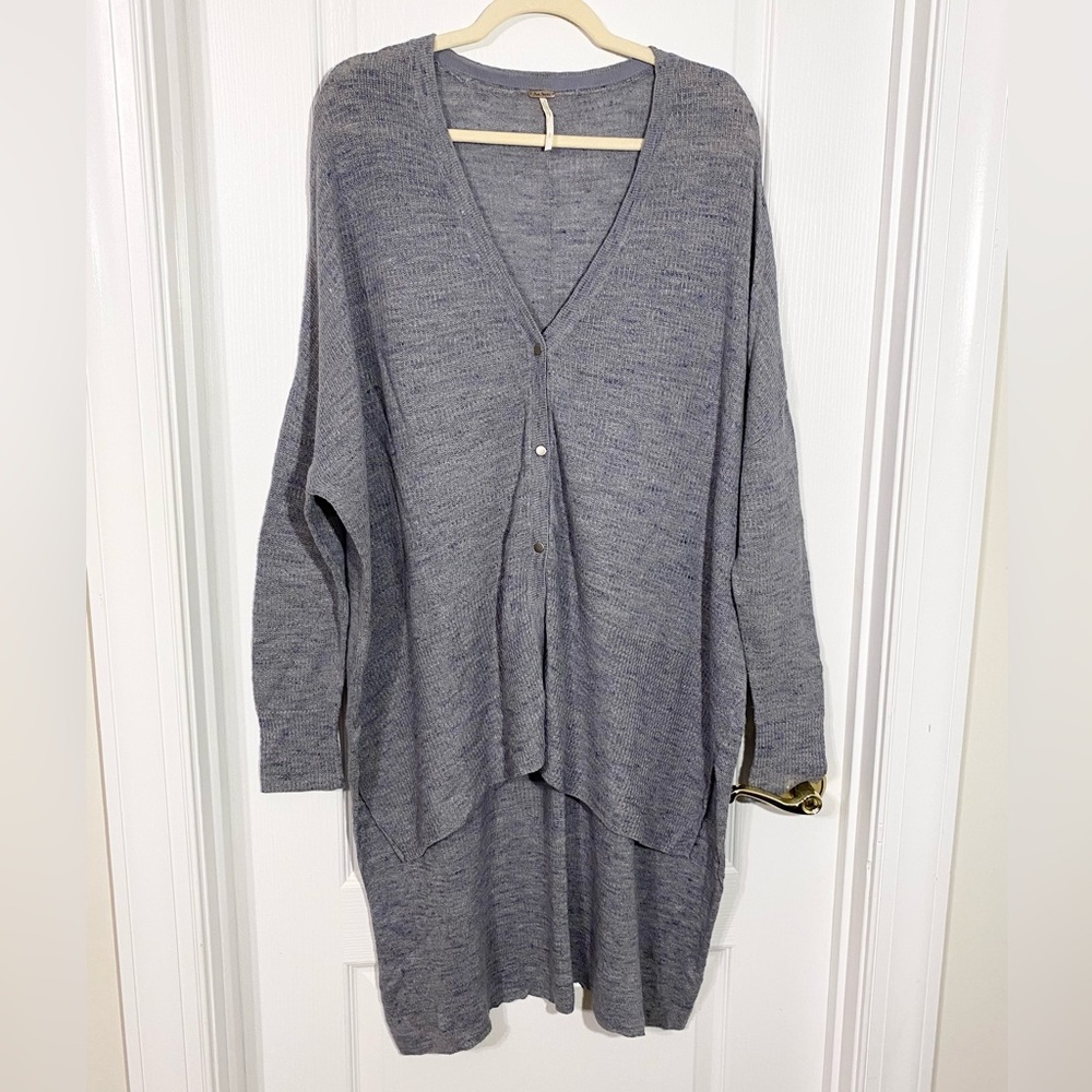 Free People Linen Touch High Low Longline Knit Cardigan Gray Blue Size Small